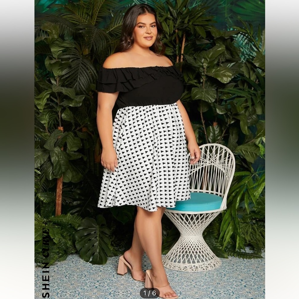 SHEIN CURVE+ Plus Off Shoulder Layered Trim Geo Print Dress US 3X  Dress